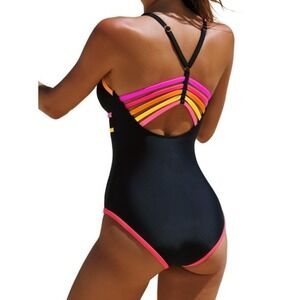 NWT Popvil Neon Color Block Strappy Back One Piece Swimsuit Medium